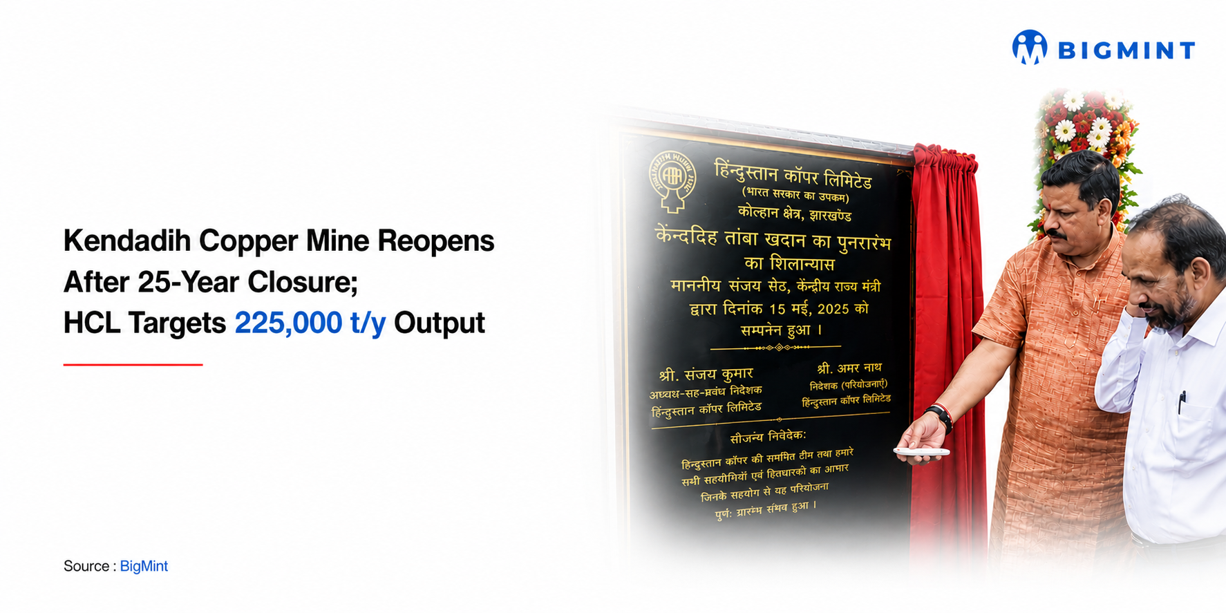 HCL reopens Kendadih copper mine after 25 years, targets output of 225,000 t/y